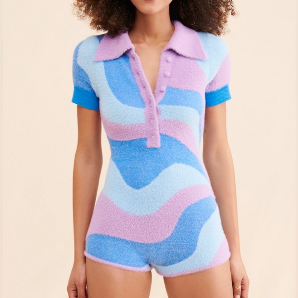 House of Sunny Pastel Wave Knit Romper in Pink & Blue